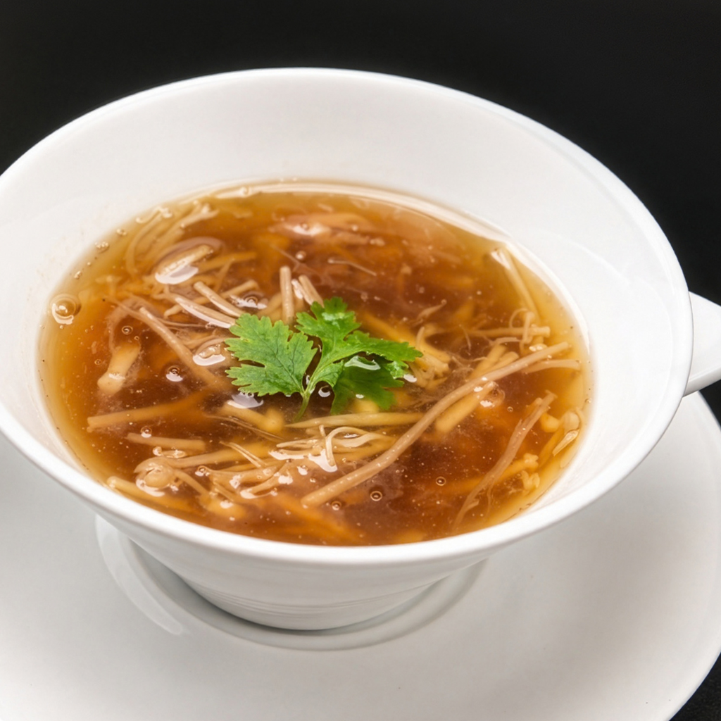 蟹肉入りふかひれ 中国タマリ醤油スープ｜蟹の旨味とフカヒレの食感を楽しむ、琥珀色の上品なふかひれスープ